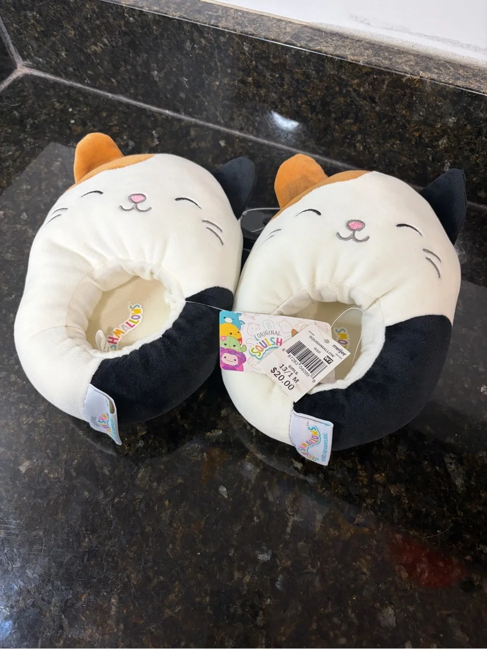 SQUISHMALLOWS NWT Kids Calico Cat Slippers - Cream, Black & Orange